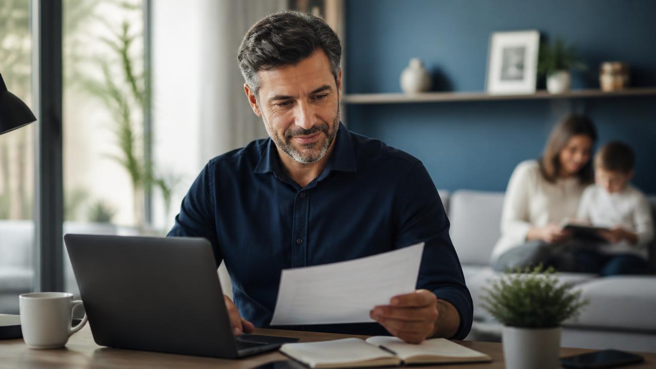 Profissional analisando documentos de planejamento financeiro em casa com a família ao fundo