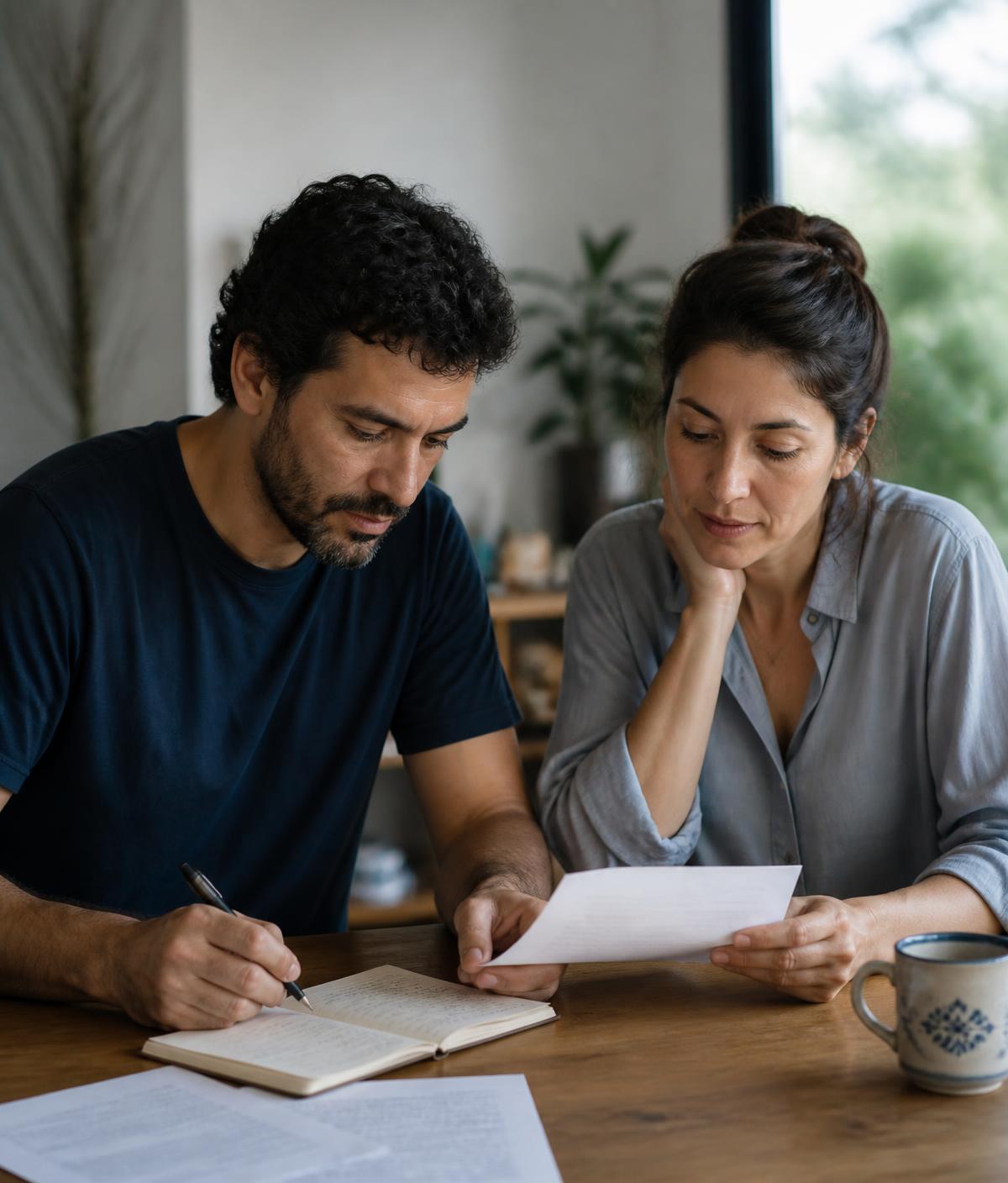 Casal analisando o próprio planejamento financeiro em casa