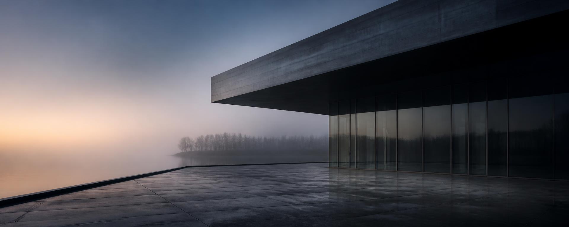 Arquitetura minimalista ao amanhecer, em tons de azul e cinza